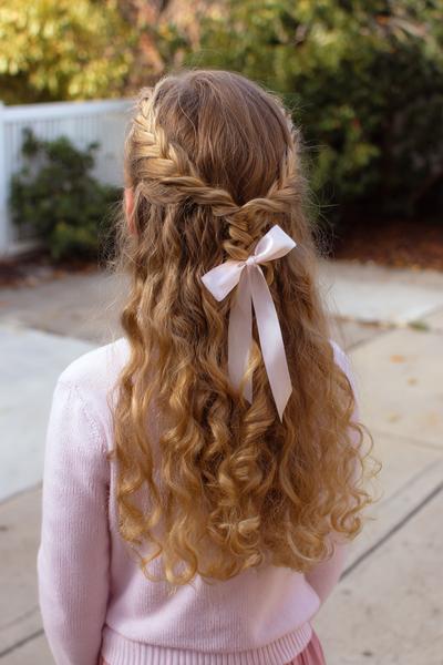 30. Long Curly Half-Up Braid for Hairstyles for School Curly Hair Long with a Ribbon Tie