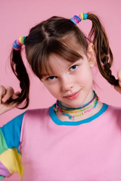 5. Double Mini Ponytails Hairstyles for School Easy Kids With Colorful Elastics and Center Part