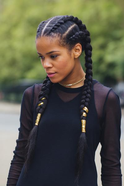 12. Diagonal Plait Rows with Gold Cuffs for Hairstyles for School Natural Hair Plait Detail