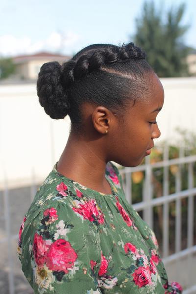 22. Cornrow Crown Band with Low Bun Puff for hairstyles for school short hair cornrow ideas