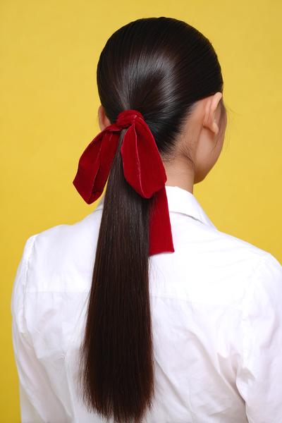 10. Long Sleek Ribbon Ponytail for hairstyles for school straight hair long ideas