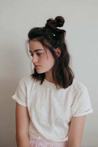 12. Mini Half-Up Top Knot for Hairstyles for School Short Hair with Pin Accents