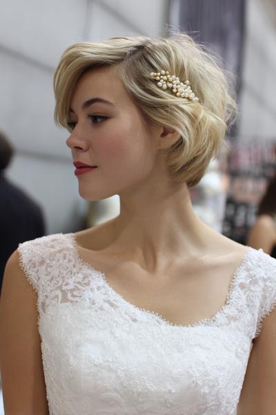 17. Pearl-Pinned Side Sweep for hairstyles for short hair for wedding ideas