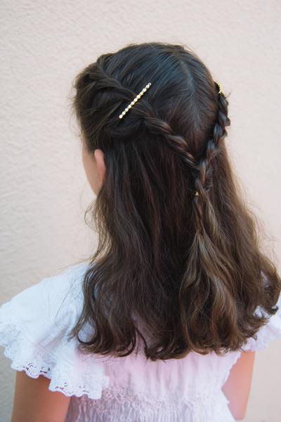 23. Low Double Twists with Barrettes for hairstyles for short hair for school ideas