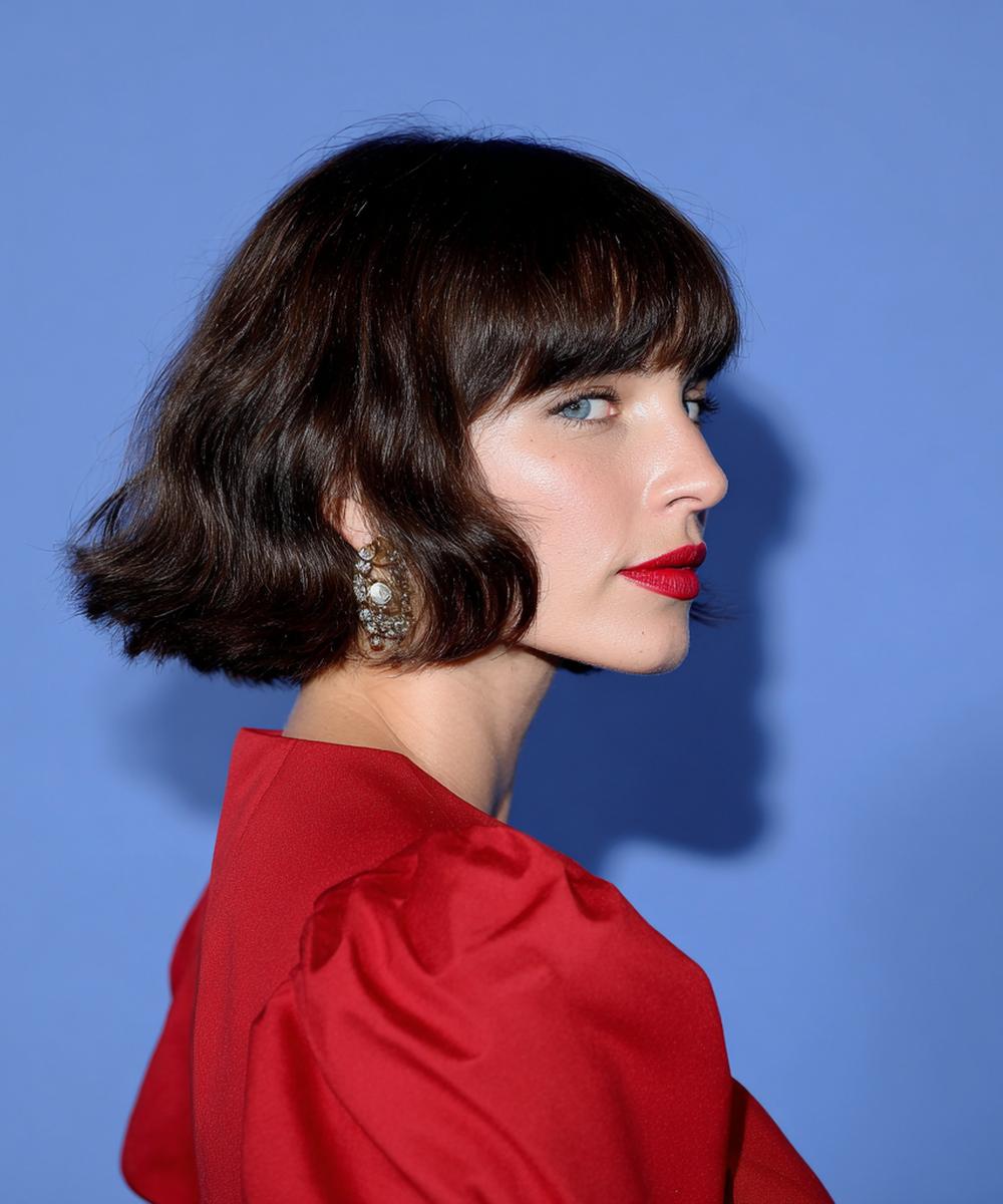 Wavy Brunette Bob With Bangs