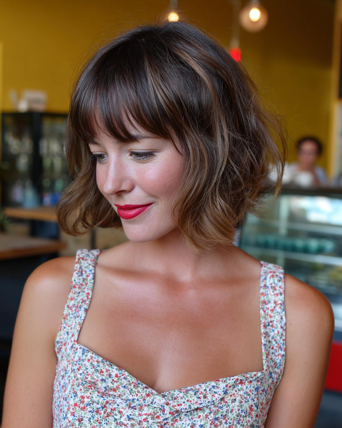 Wavy Brown Bob With Bangs