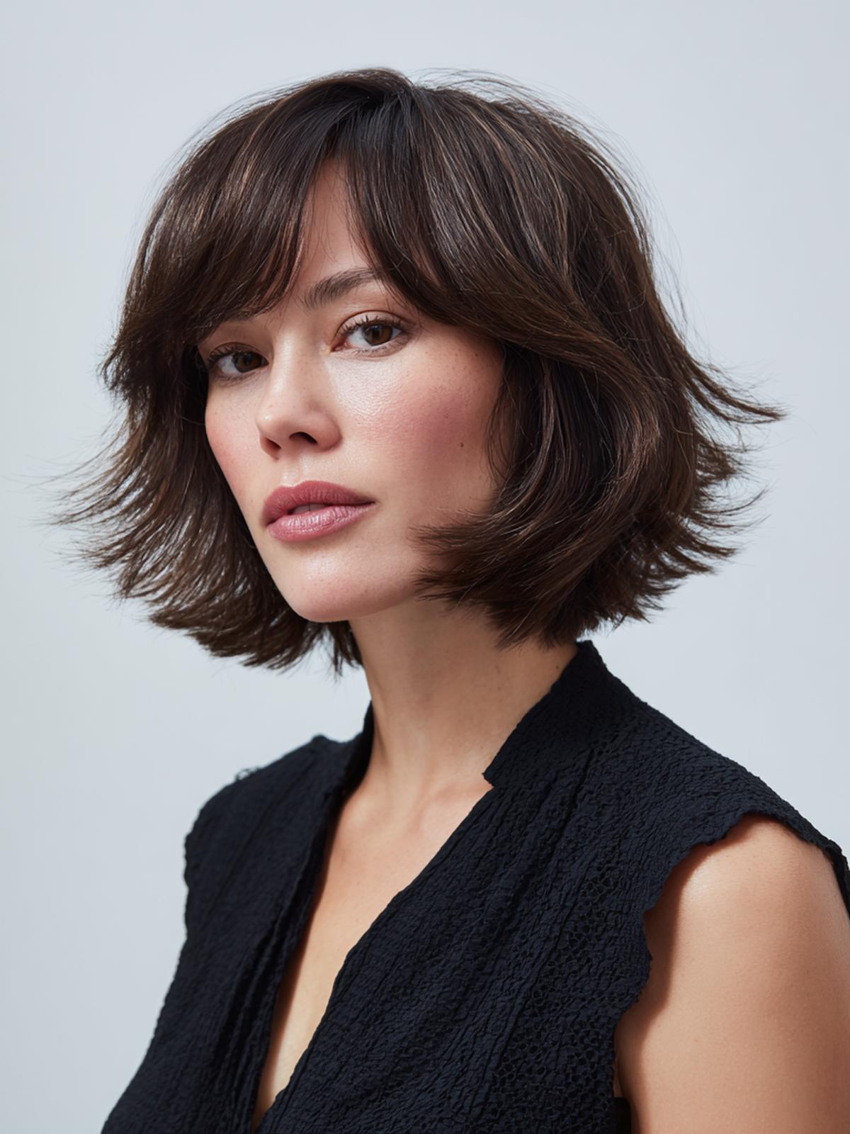 Feathered Brunette Bob With Fringe