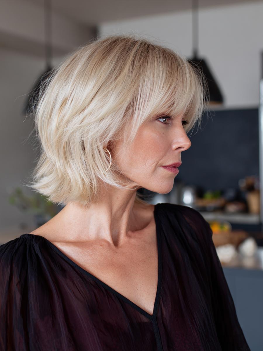 Platinum Layered Bob With Fringe