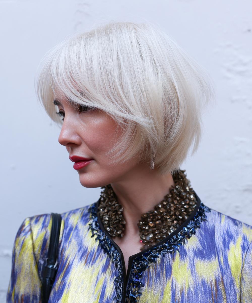 Platinum Layered Bob With Bangs