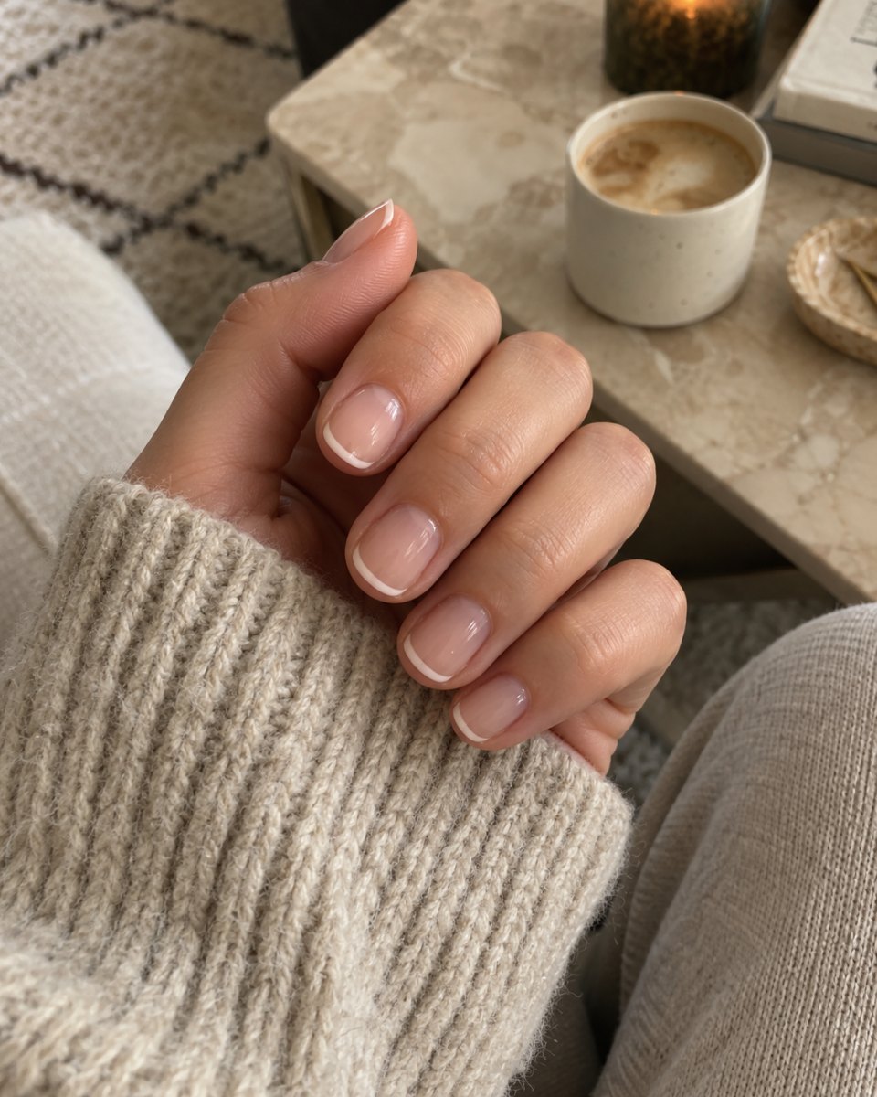 Short nude French manicure closeup