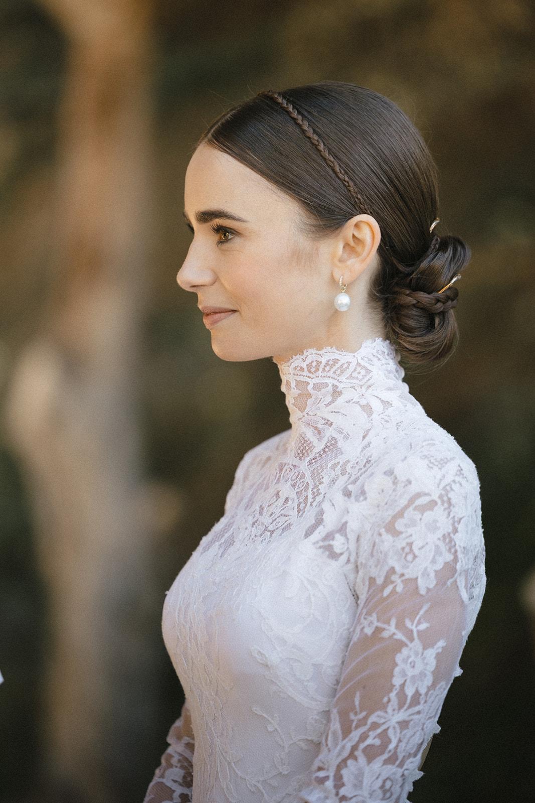 Lily Collins textured bridal updo