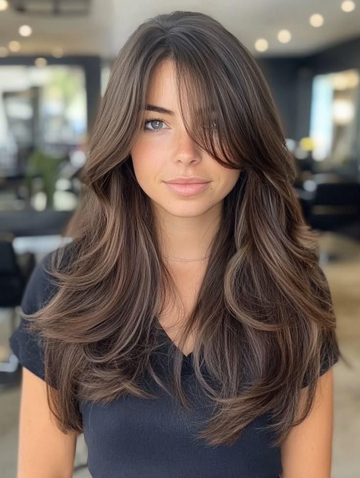 Blended long layers curtain bangs