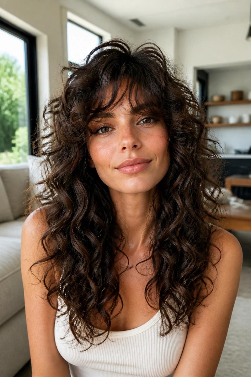 Curly layered hair curtain bangs