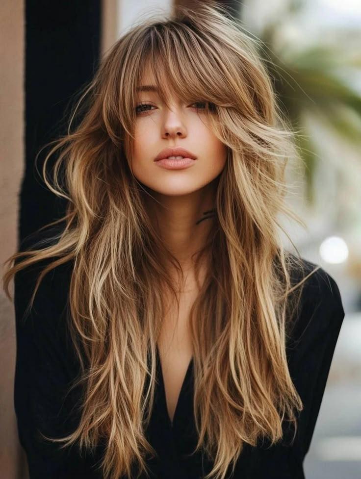 Long shag layers with curtain bangs