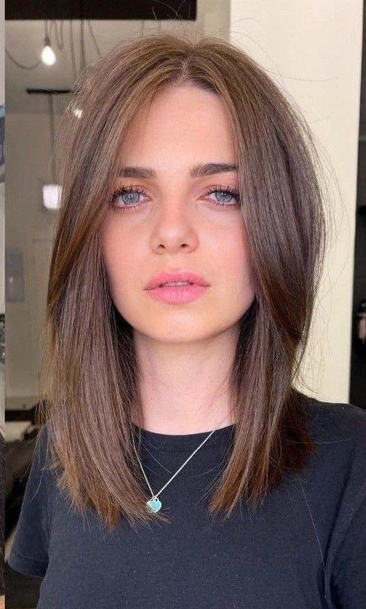 Shoulder length straight curtain bangs
