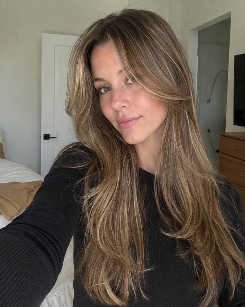 Brunette curtain bangs