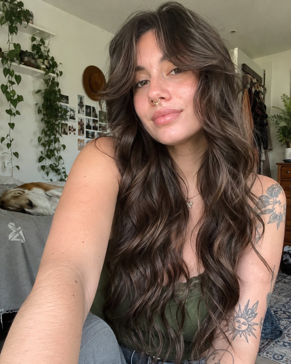 Wavy curtain bangs style