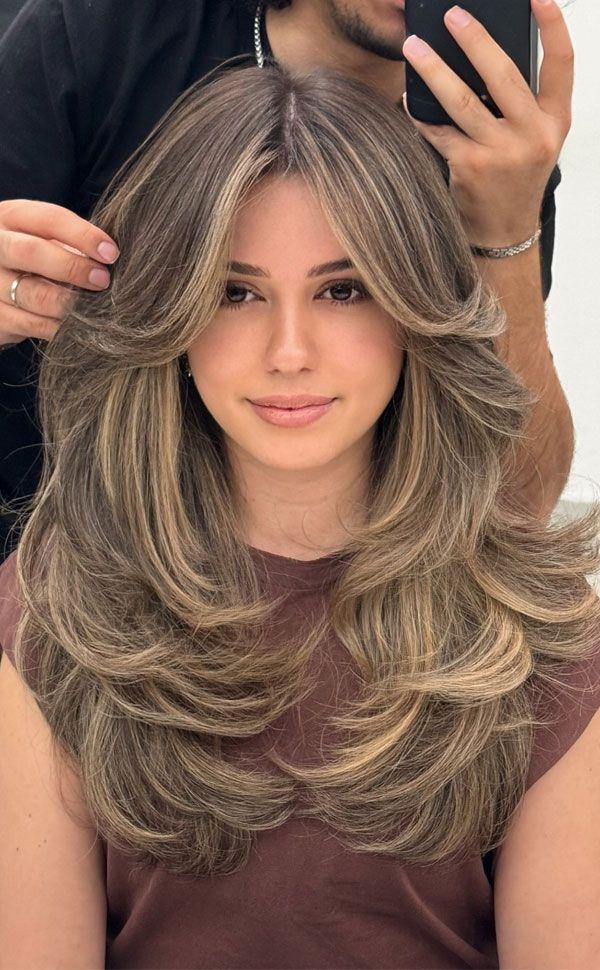Balayage long layers curtain bangs