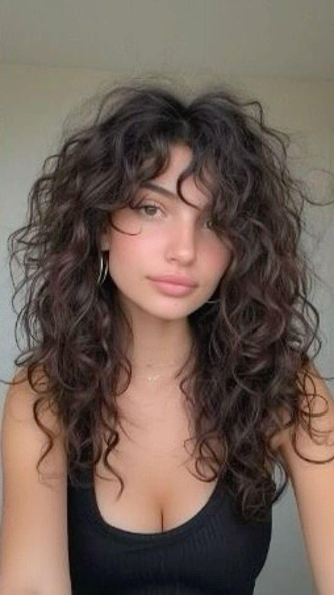Curly long layered curtain bangs