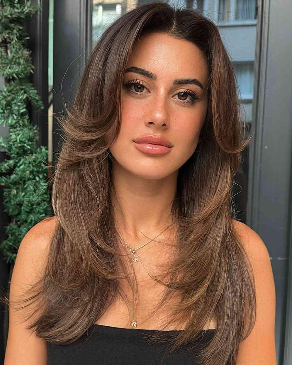 Oval face long layered curtain bangs