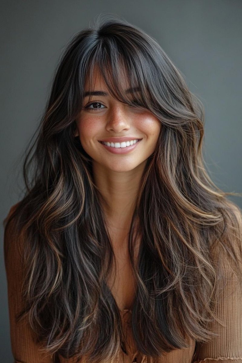 Wispy curtain bangs with long layers
