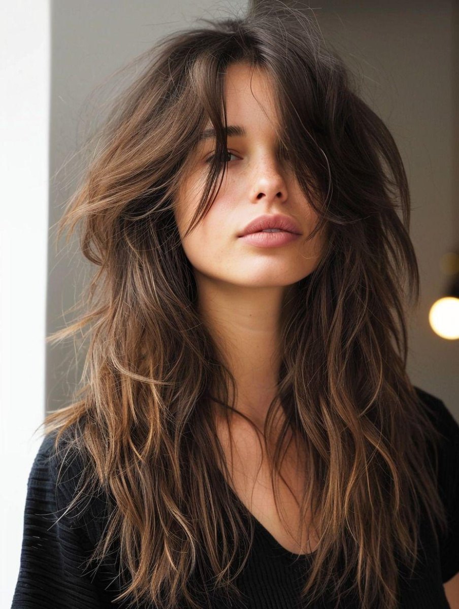 Long shag layers curtain bangs haircut