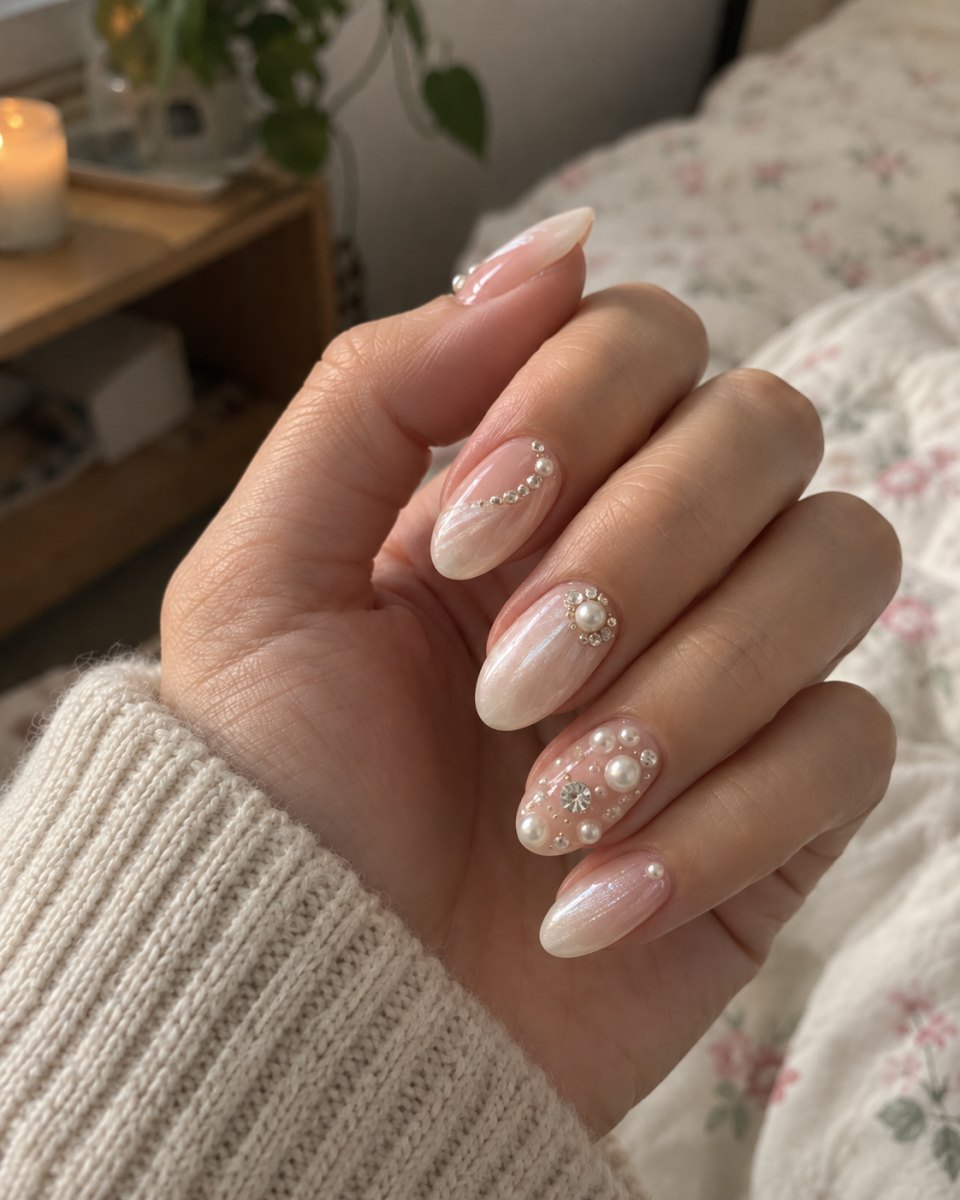 Luxury pearl crystal nails