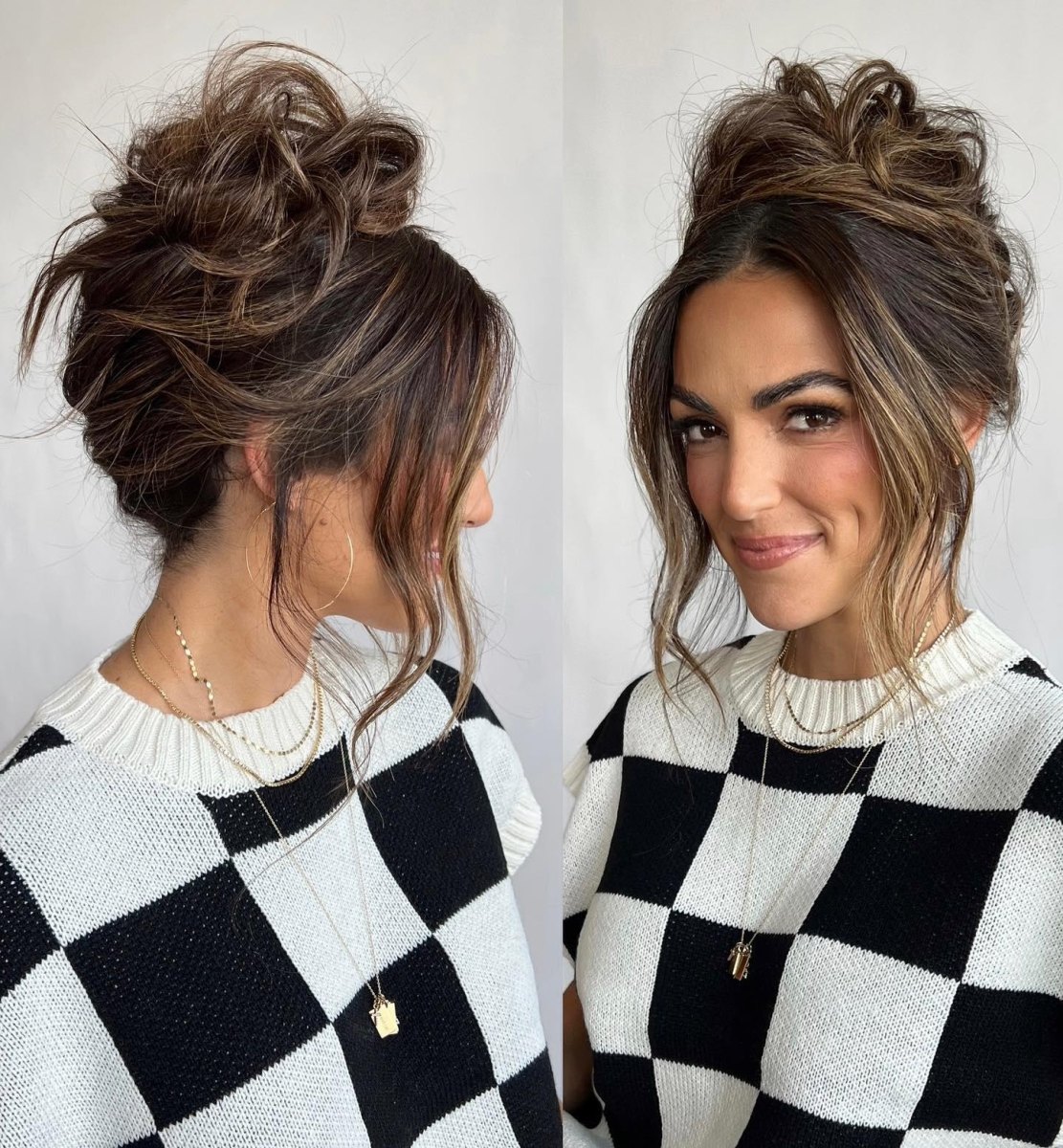 Messy high bun updo with loose face framing strands