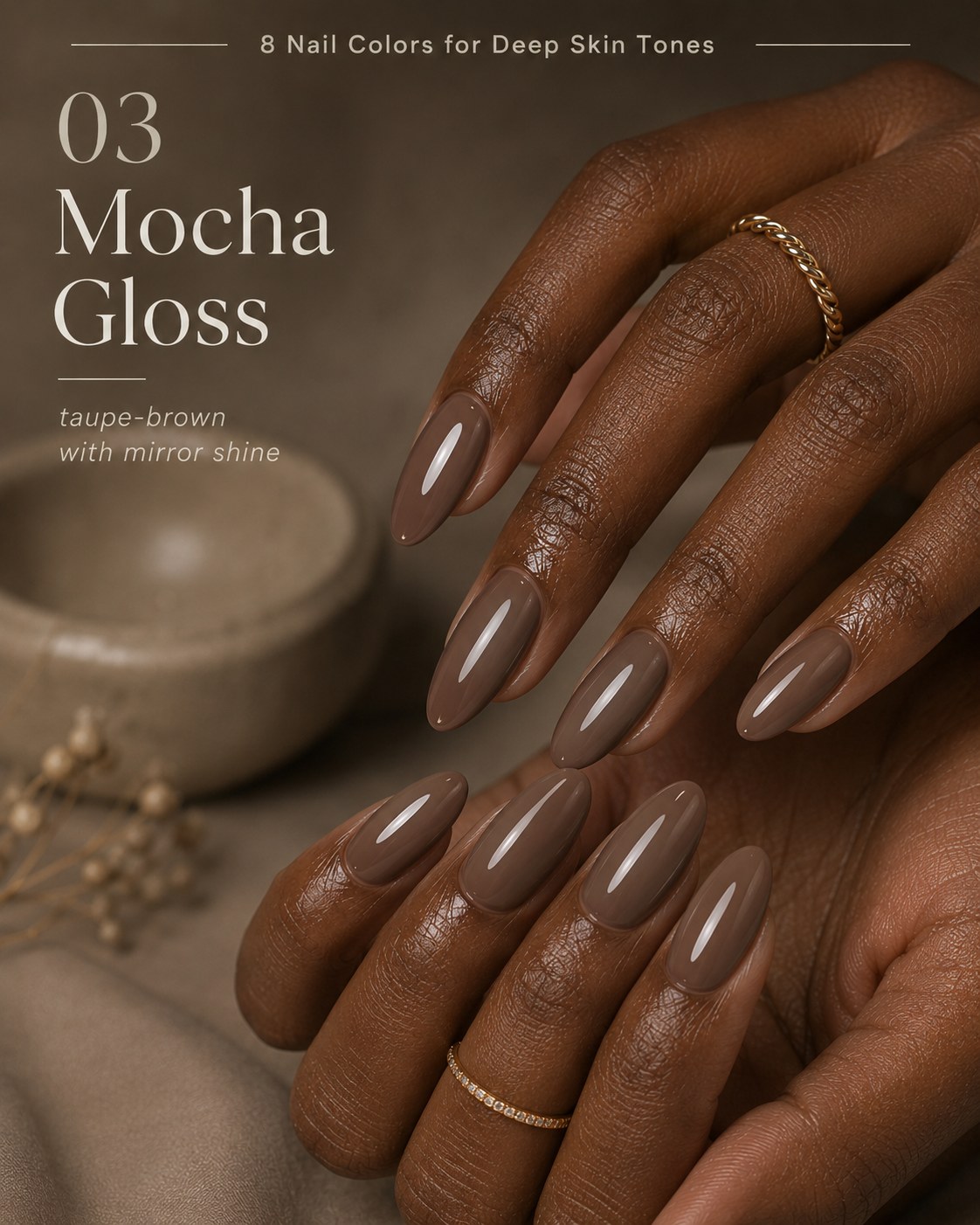 Taupe-brown mocha nail color for deep skin tones shown in a glossy mirror finish