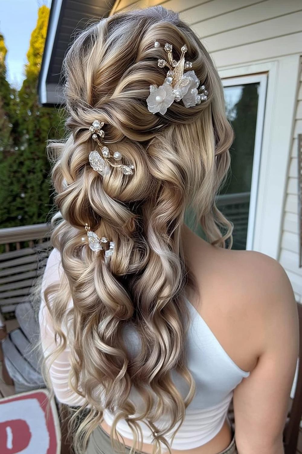 Cascading Curls with Crystal Florals