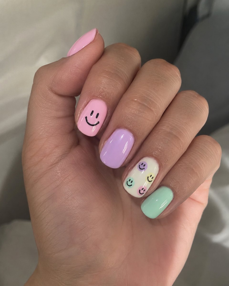 Pastel smiley face manicure