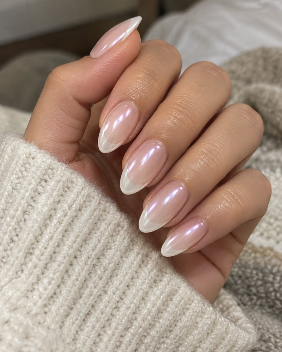 Pearly Hailey Bieber glazed donut french tips manicure