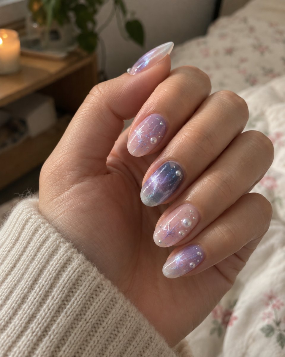 Pearl galaxy inspired nails
