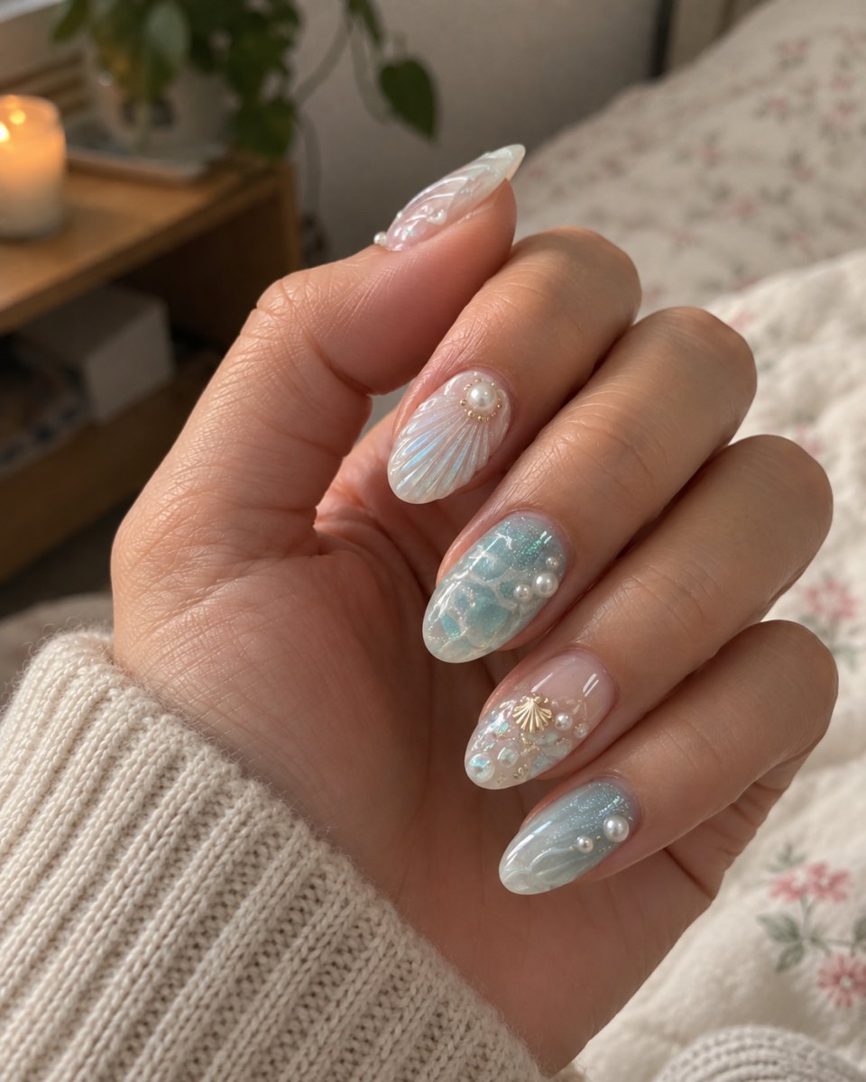 Pearl mermaid inspired nails