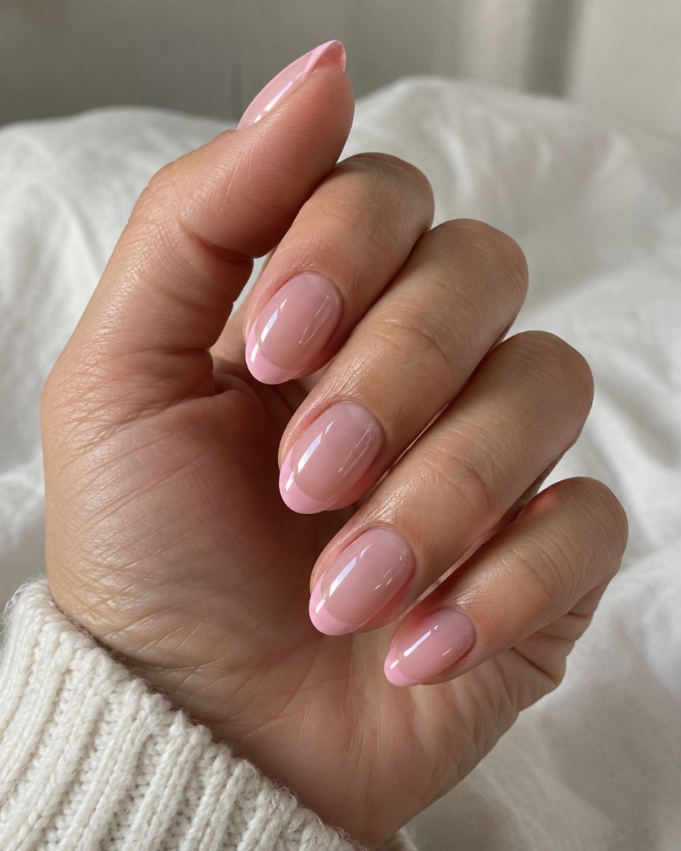 Pink glazed donut French tip nails