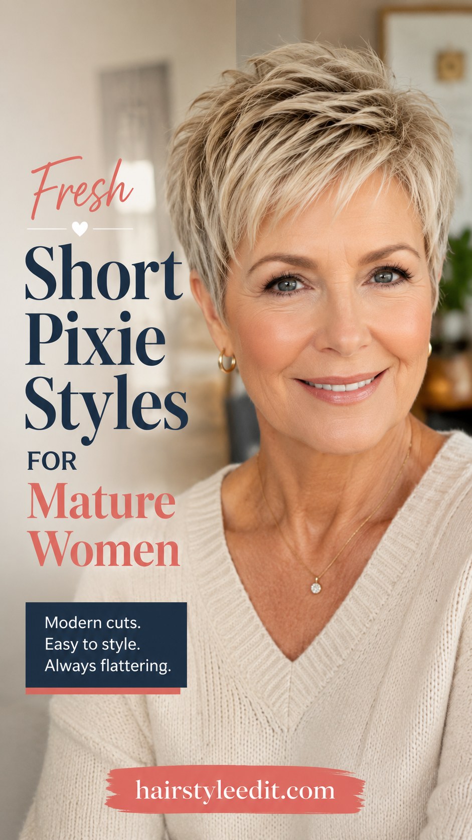 Soft side-swept pixie cut over 50 with blonde face-framing highlights for a gentle everyday look