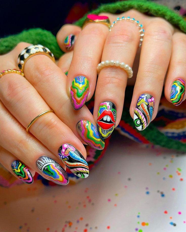 Psychedelic colorful nail patterns