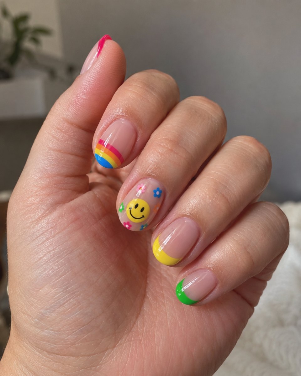 Rainbow smiley accent nail