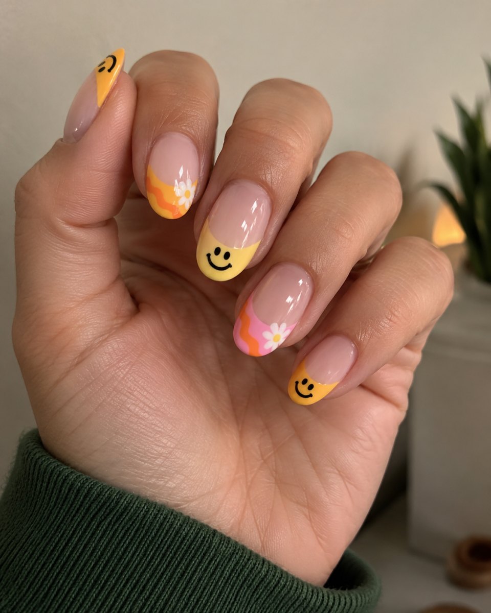 Retro smiley face tip nails