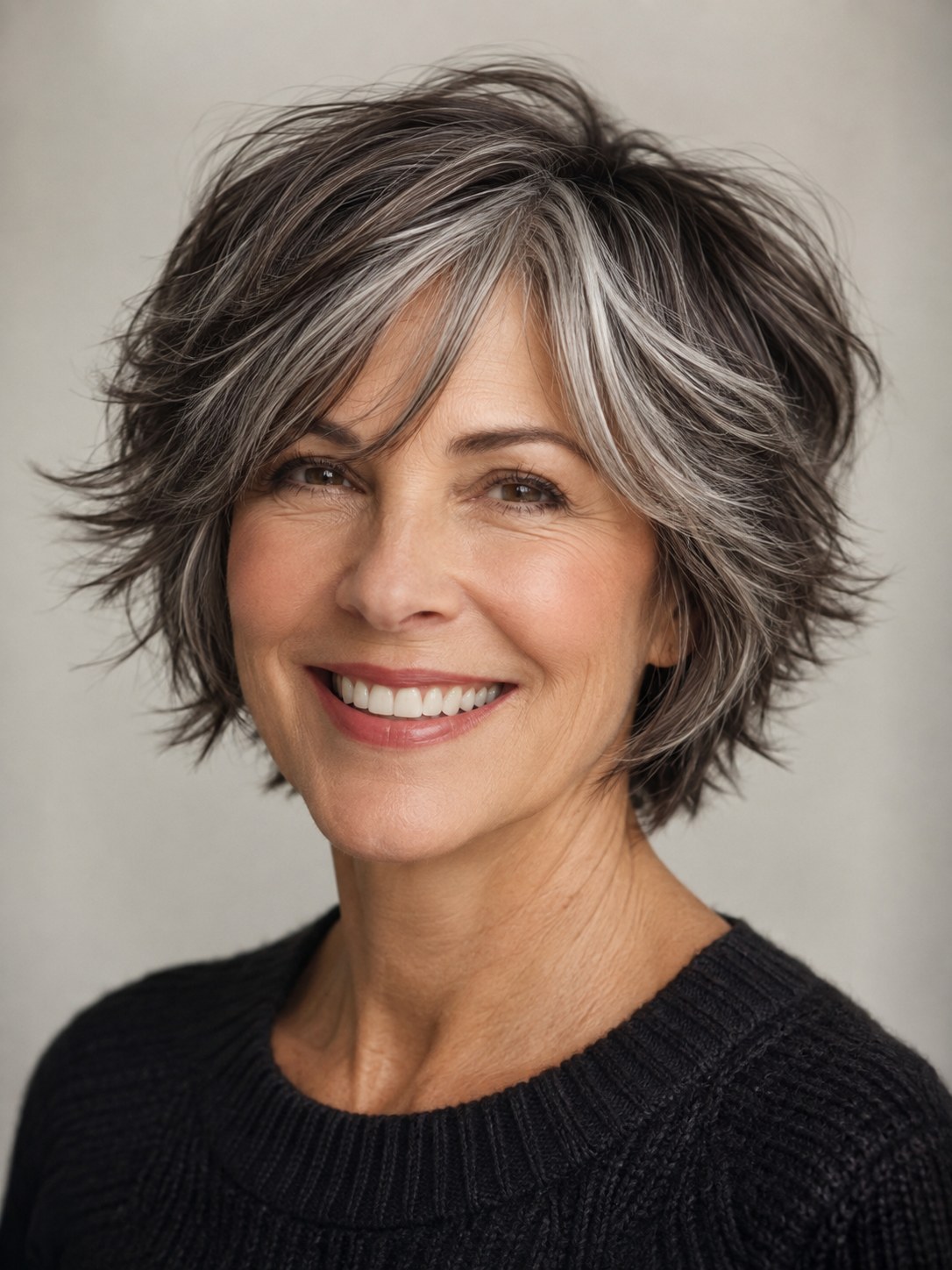 Silver wolf shag haircut for gray hair with soft feathered layers and piecey fringe