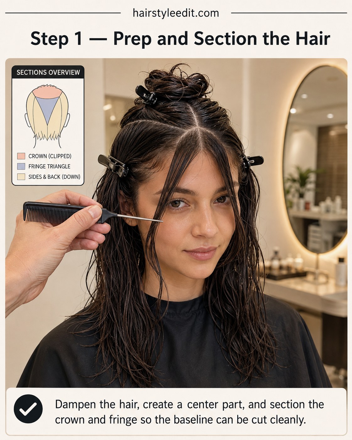 Stylist sectioning damp hair into crown, fringe triangle, and sides before starting a shaggy wolf cut with curtain bangs
