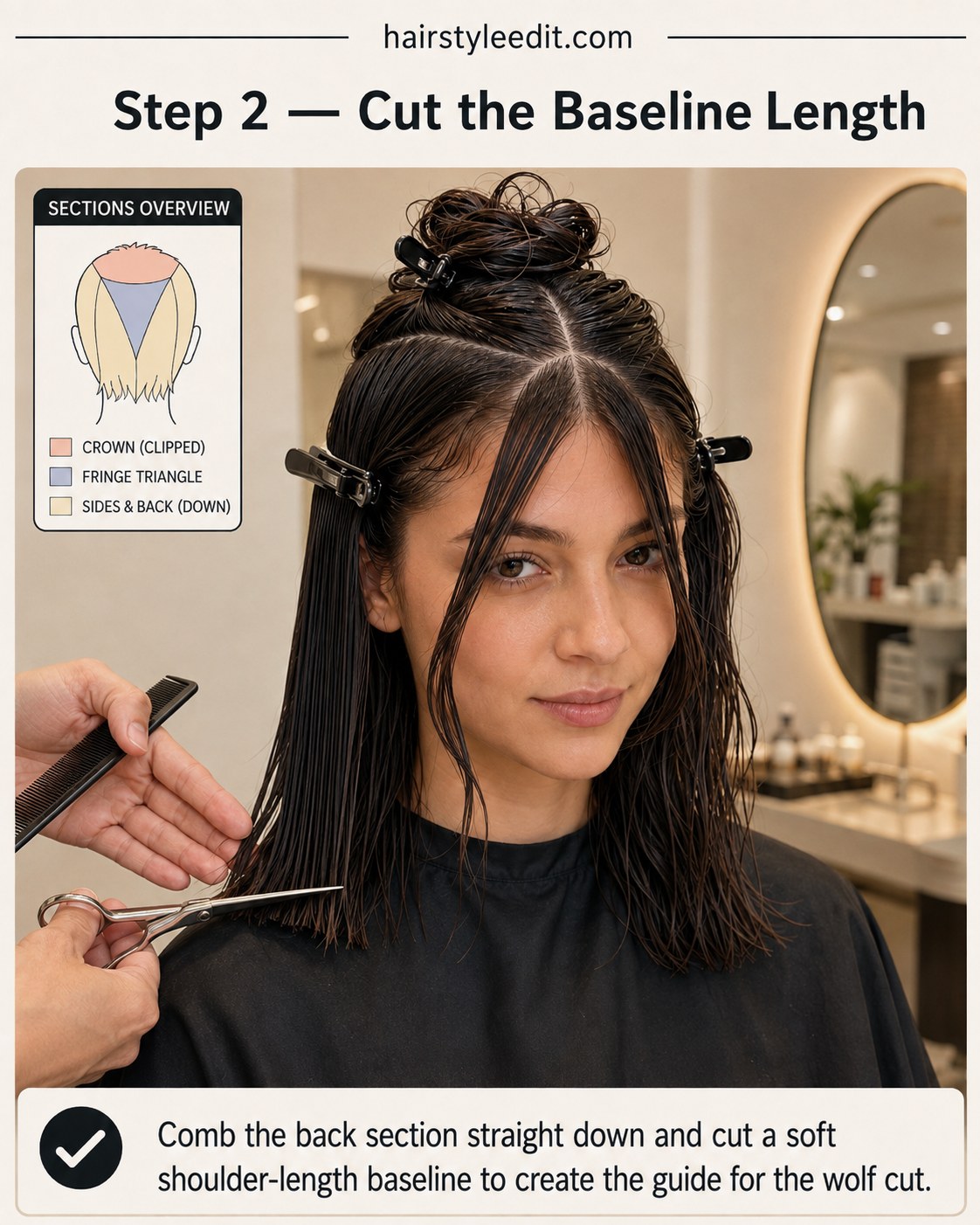 Comb held flat while cutting the shoulder-length baseline guide for a shaggy wolf cut with curtain bangs