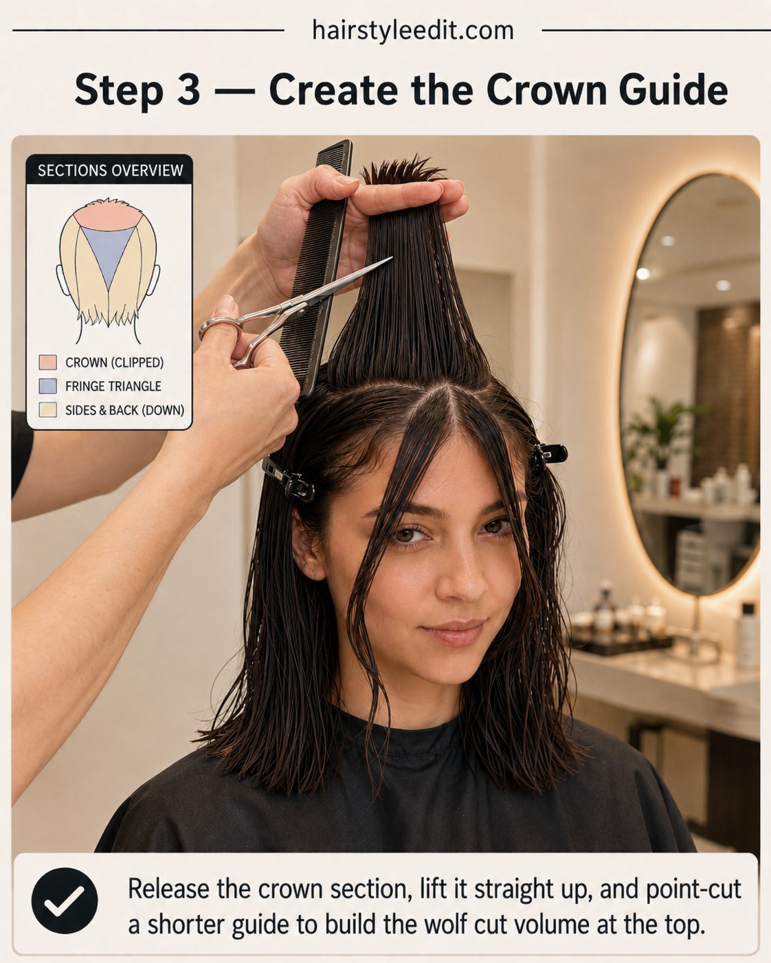 Point-cutting the lifted crown section to build volume at the top of a shaggy wolf cut with curtain bangs