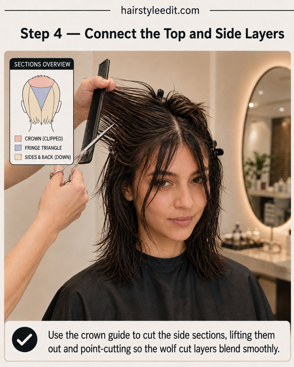 Blending side sections into the crown guide to connect layers smoothly in a shaggy wolf cut with curtain bangs