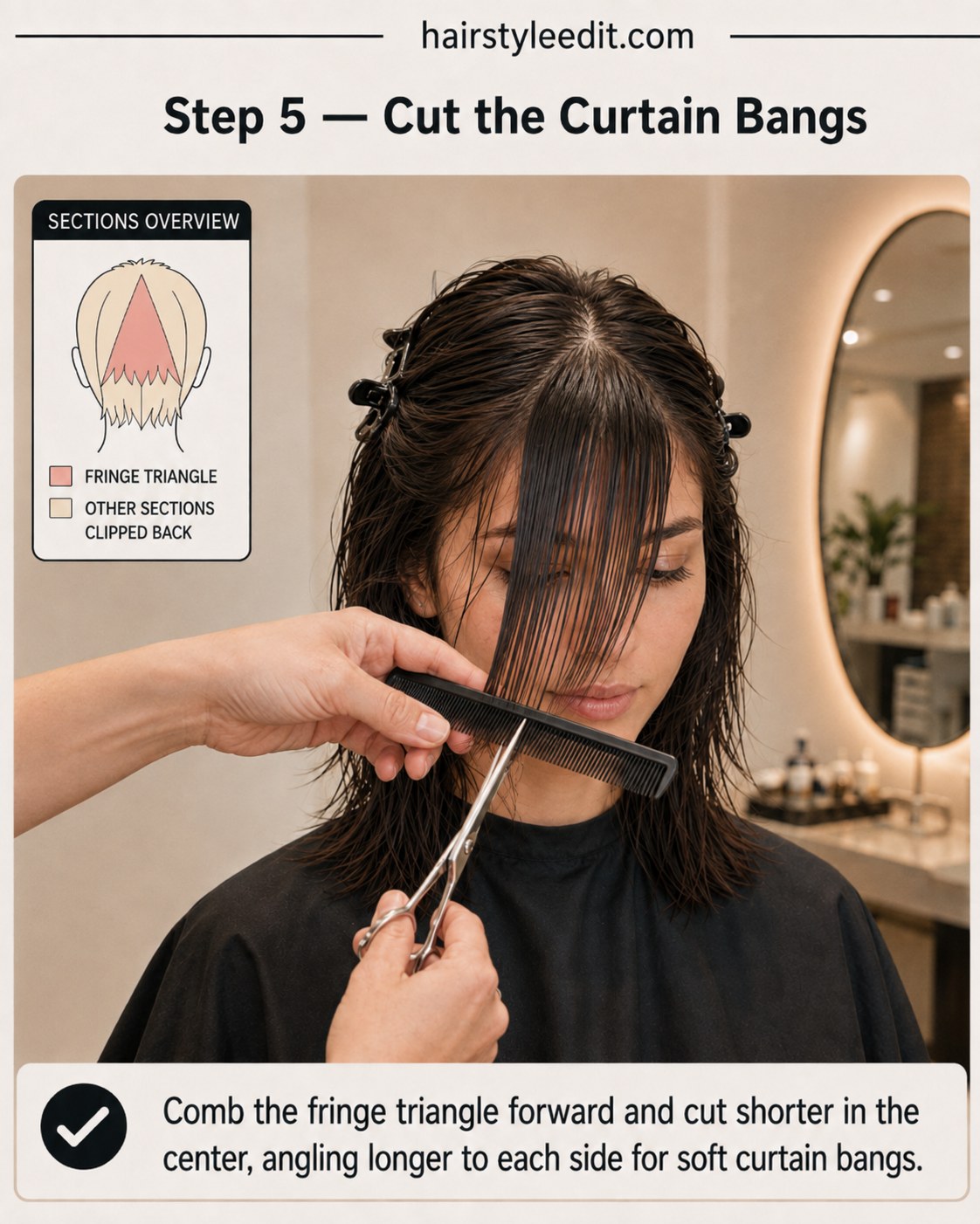 Cutting the fringe triangle at an angle to create soft curtain bangs for a shaggy wolf cut