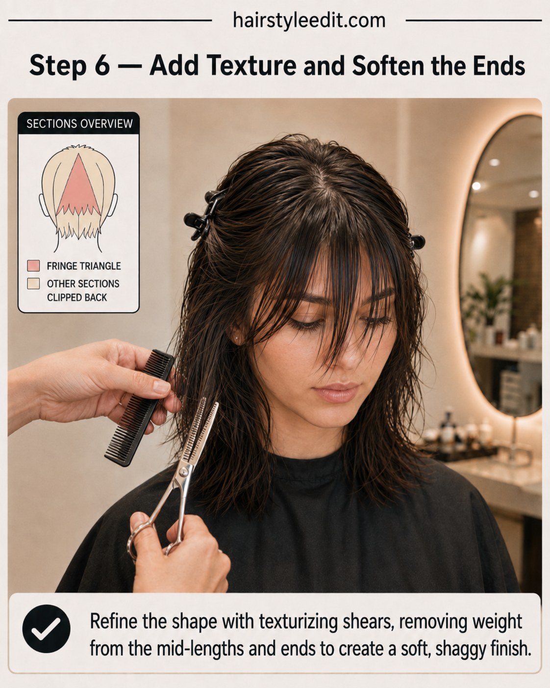 Texturizing shears removing weight from mid-lengths to soften the ends of a shaggy wolf cut with curtain bangs