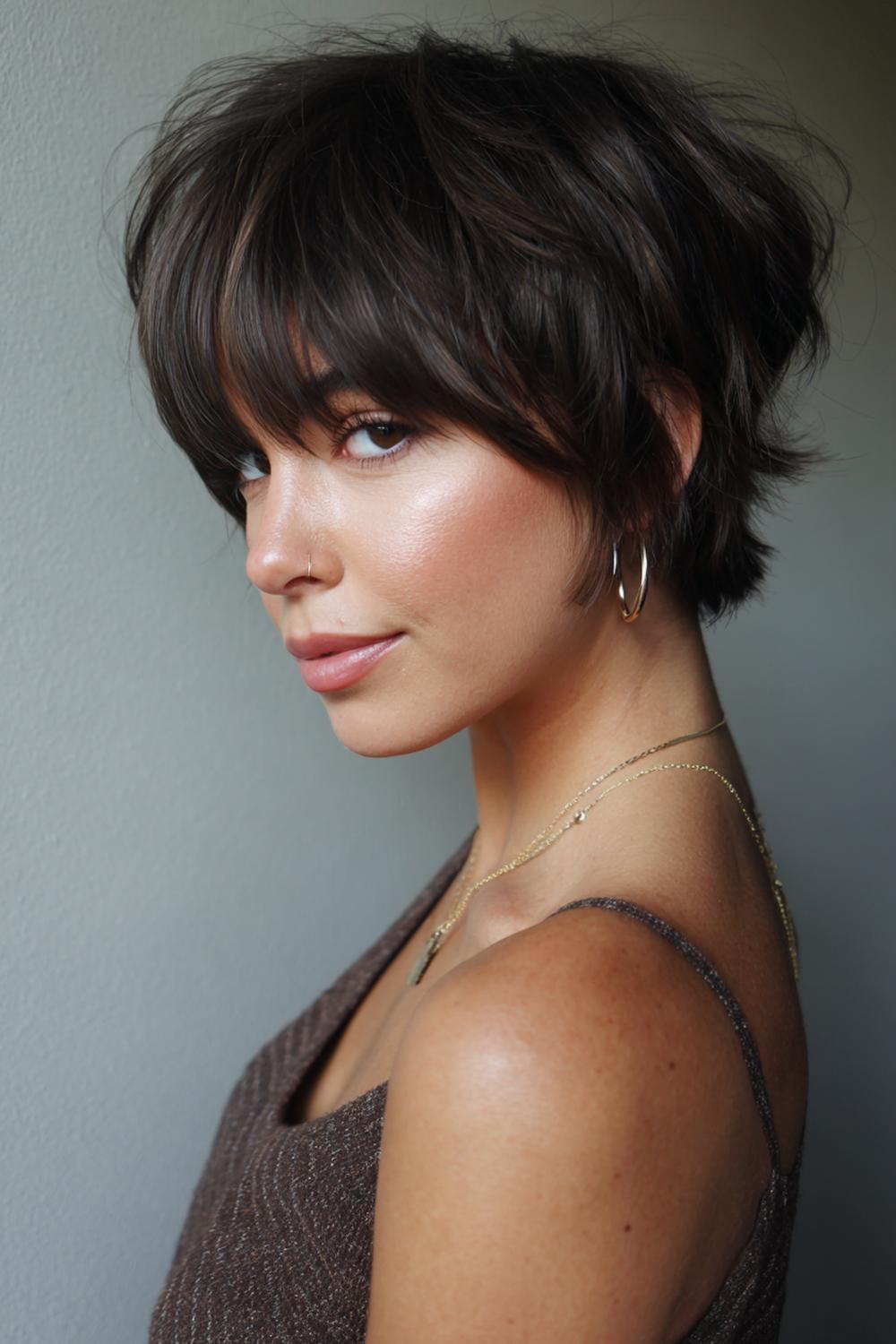 10. Short Hair Idea: Shaggy Short Cut with Curtain Bangs and Lifted Crown