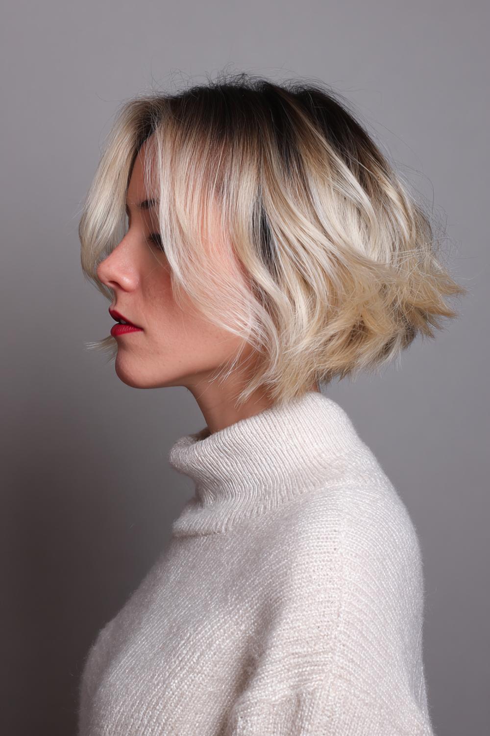 22. Short Hair Idea: Short Blonde Bob with Rooted Shadow and Pearl Gloss