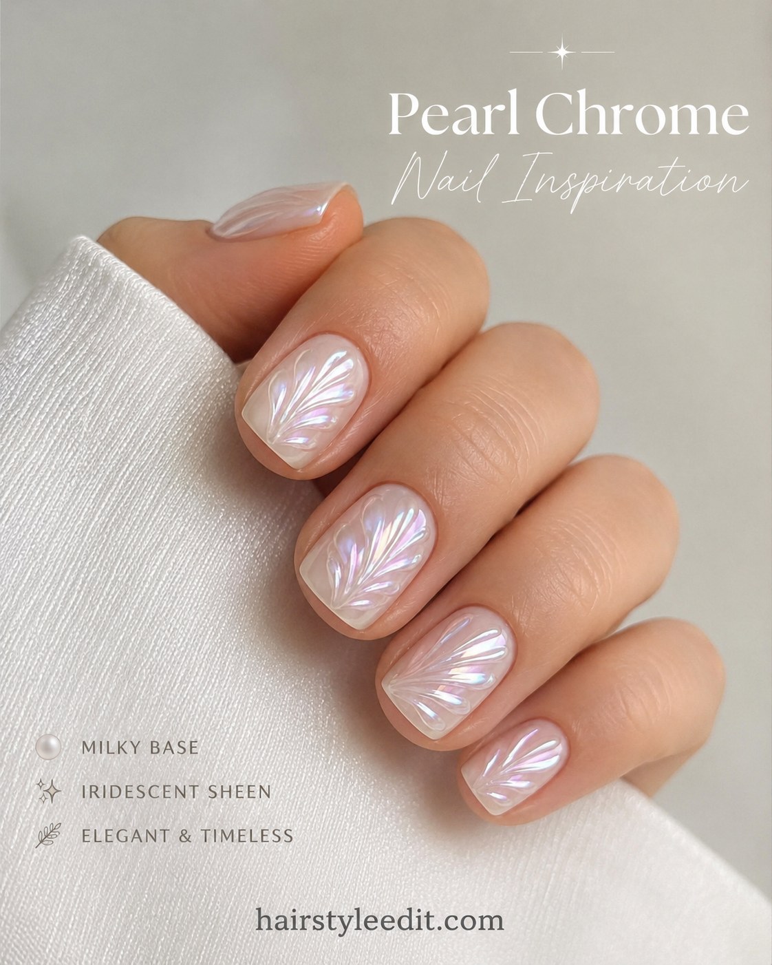 Milky pearl chrome nails add iridescent shine to an elegant short natural nail design.
