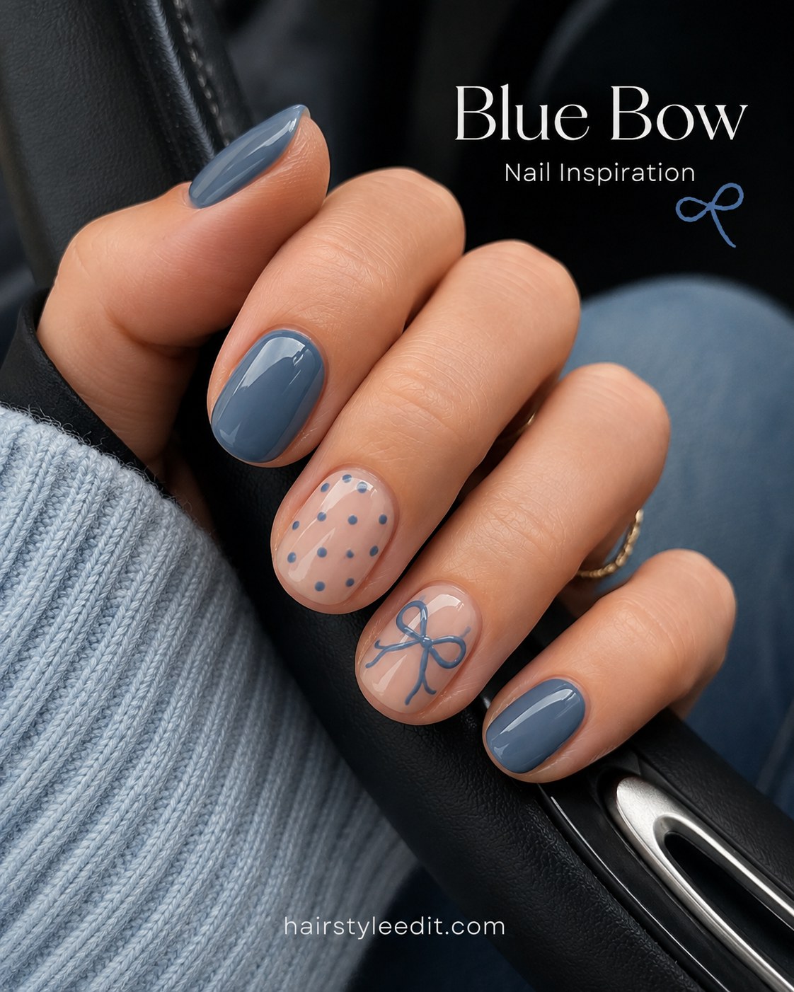 Dusty blue nails with a bow motif bring romance to short natural nail designs on rounded tips.